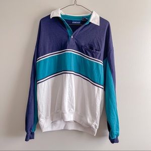 vintage puritan collared striped long sleeve henley sweatshirt blue size xl